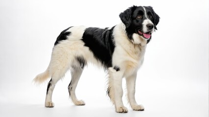   A black and white dog stands with tongue out, extending it towards the camera