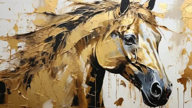 Art painting, gold, horse, wall art, modern artwork, paint spots and paint strokes, knife art, large strokes, murals, art walls
