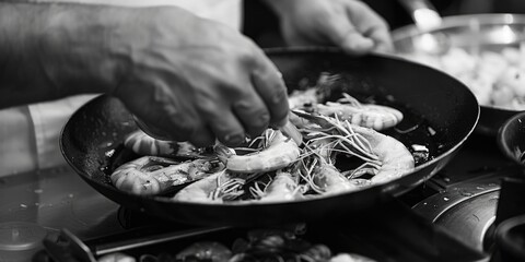 Person cooking shrimp in a pan, ideal for culinary concepts