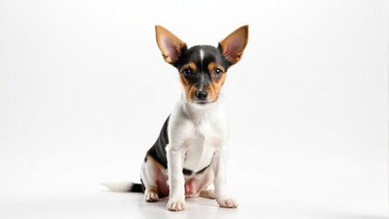 Obraz premium A small black-and-white dog sits on a white floor, adjacent to a white wall against a white backdrop