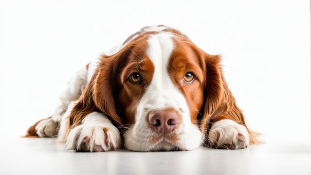   A close-up of a dog resting on the ground, with its head and paws touching the ground