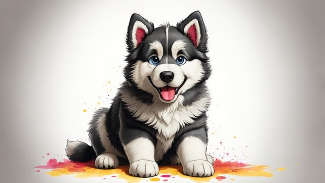   A black-and-white dog with blue eyes sits on the ground, sporting a paint splash on its face