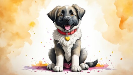   A dog painted in red collar, seated before a watercolor backdrop of yellow and orange