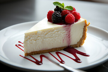 Elegant cheesecake slice with fresh raspberries and blackberries drizzled with red coulis.