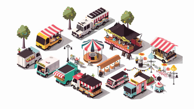 Vector 3d isometric food festival courts and trucks.