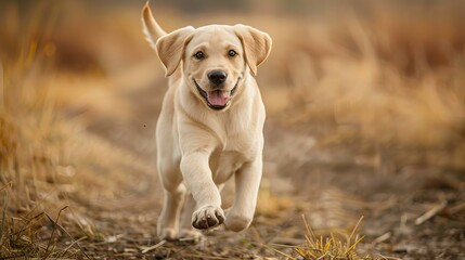 happy labrador puppy dog running towards camera