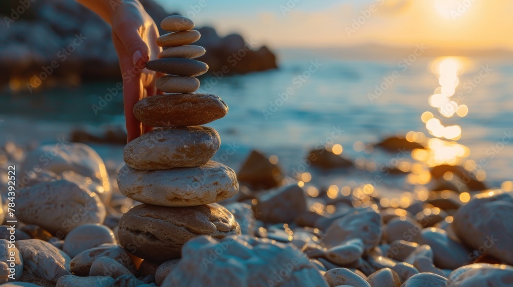 Poster person stacking rocks on a beach at sunset. suitable for travel and relaxation concepts