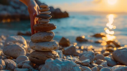 Person stacking rocks on a beach at sunset. Suitable for travel and relaxation concepts