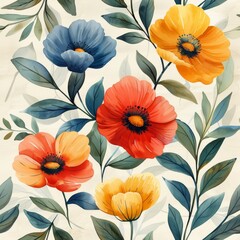Hand-painted watercolor floral pattern on a beige background.