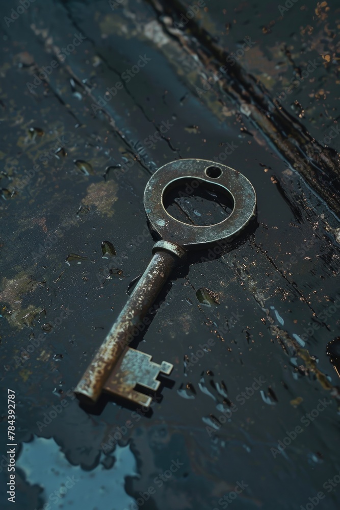 Poster Old rusty key laying on the ground, suitable for vintage design projects
