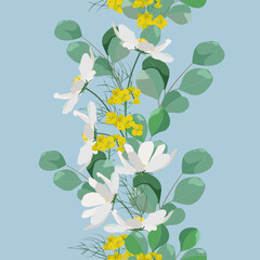 Vector seamless illustration with chamomile flowers and eucalyptus