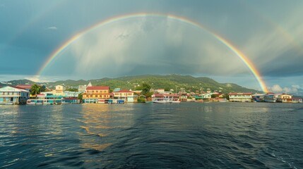 A beautiful rainbow over a city on the water. Suitable for various urban and nature-themed designs