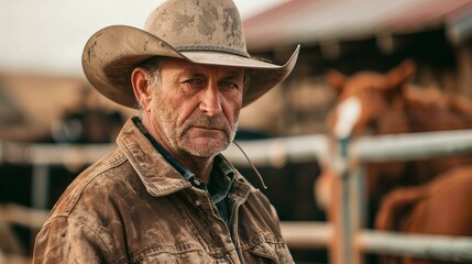 Obraz premium cowboy with dirty hat and stubble looking at camera; concept of wild west and western