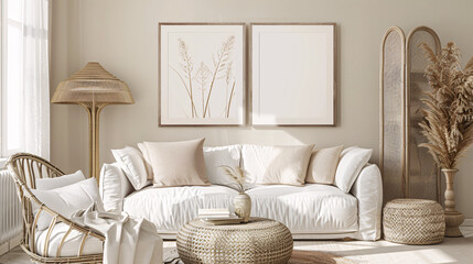mock up poster frame in modern interior background, living room, Minimalistic style, 3D render, 3D illustration
