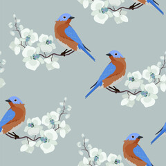 Delicate orchids and birds. Summer seamless vector illustration.