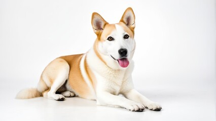   A tight shot of a dog resting on a white background, tongue extended, hangs loosely out