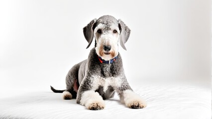   A gray-and-white dog sits atop a pristine white bed, beside a pristine white wall Its collar bears a bold red tag - obrazy, fototapety, plakaty