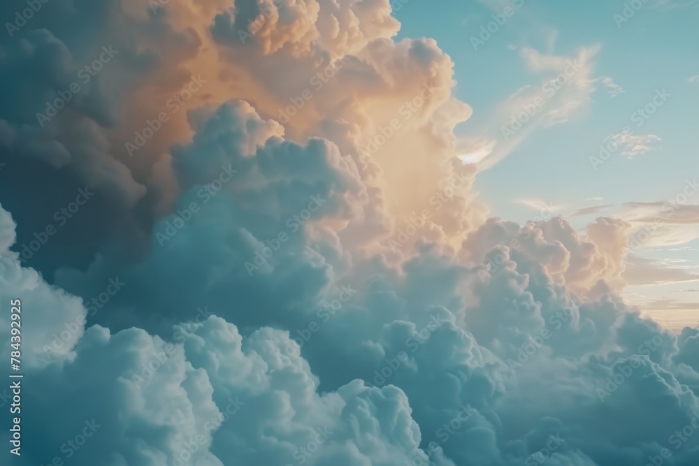 Poster a plane soaring through a sky filled with fluffy clouds. ideal for travel or transportation concepts