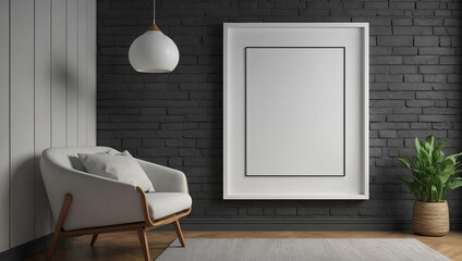 white frame on a wall, mockup poster home. blank mockup poster  with frame hanging on the wall  in a modern interior room design, simple modern furniture in 3D render style. illustration Generative AI