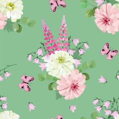 Seamless background with lupine ,chrysanthemum and butterflies