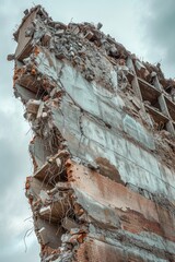 A very tall building covered in rubble, suitable for construction or disaster concepts