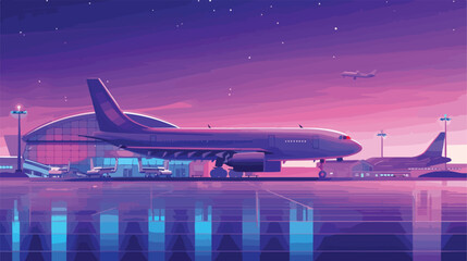 Vector background of night airport with takeoff 