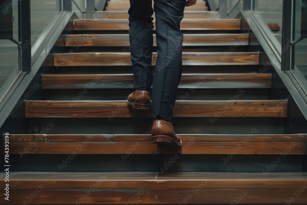 Poster a man in a suit climbing a staircase. suitable for business concepts