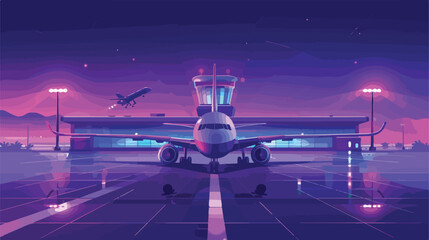 Vector background of night airport with takeoff  - obrazy, fototapety, plakaty