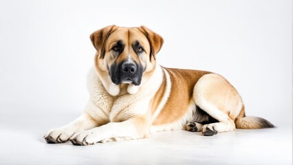   A large brown-and-white dog lies on a white floor, its head turned to the side