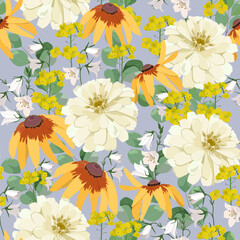 Seamless vector illustration with chrysanthemums, campanula and eucalyptus