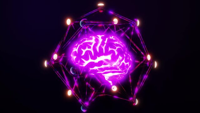 3D animation of glowing brain covered with neurons