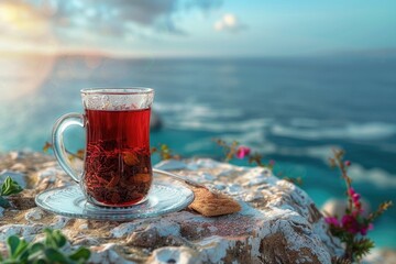 A serene image of a tea cup on a rock by the ocean. Perfect for relaxation and mindfulness concepts