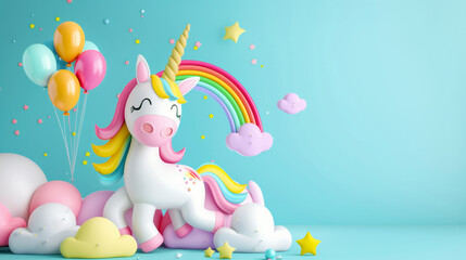 Side View Colorful Unicorn Birthday Celebration. Colorful 3D illustration of a unicorn with balloons, perfect for children's events.