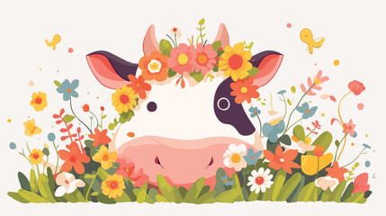 Fototapeta na wymiar Cow Heads in Flowers Clipart 2d flat cartoon vactor