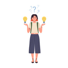 Fototapeta premium Girl holding two light bulbs, students choice of smart creative idea vector illustration