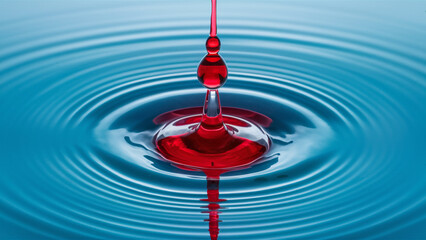 A drop of red liquid falling into blue water.