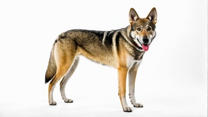   A tight shot of a dog against a white backdrop, with a black and brown canine visibly positioned to its right