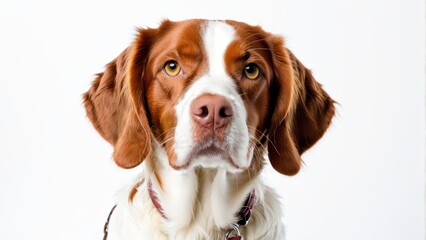   A serious-faced brown and white dog gazes at the camera, wearing a red collar - obrazy, fototapety, plakaty