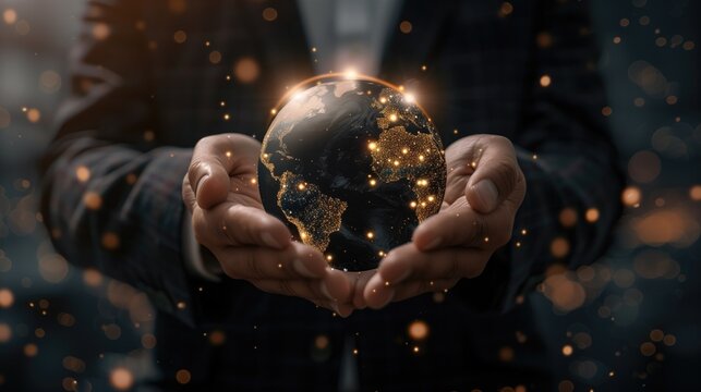 Businessman holding global network and data exchanges over the world, generative ai