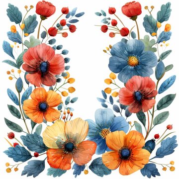 A delicate border of multicolored flowers painted in watercolor.