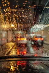 A car is visible through a rain-covered windshield, suitable for automotive and weather-related concepts