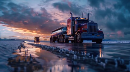 Semi truck driving on wet road, suitable for transportation concepts - obrazy, fototapety, plakaty