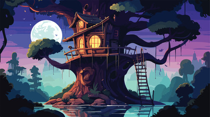 Cozy cabin nestled in the branches of giant tree 2d - obrazy, fototapety, plakaty