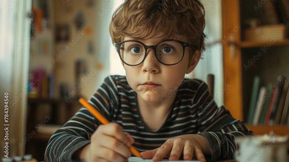 Poster Young boy in glasses writing on paper. Suitable for educational or school-related concepts