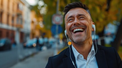 A man with headphones smiling while walking down the street. Suitable for lifestyle and urban themes
