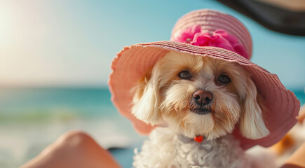 Portrait of cute dog shih tzu with pink straw hat relaxing on beach beside female owner during summer holiday. Generative AI
