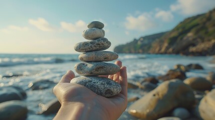 A person holding a stack of rocks near the ocean, suitable for nature and relaxation concepts