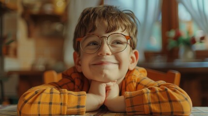 Young boy wearing glasses sitting at a table, suitable for educational or school-themed projects - obrazy, fototapety, plakaty