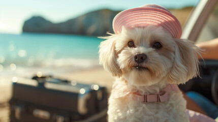 Portrait of cute small dog with straw hat sitting in cabriolet car, ready for summer vacation. Sea and beach in background. Generative AI