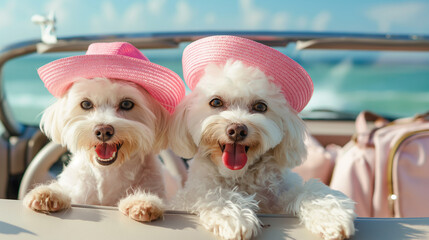 Two cute small dogs with straw hats standing in cabriolet car, ready to travel on summer vacation. Generative AI